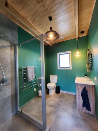 a bathroom with a shower and a toilet and green walls at Hahei Hideout Retreat in Hahei