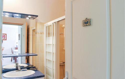 a bathroom with a sink and a mirror at Amazing Home In Lamballe-armor With 3 Bedrooms And Wifi in Planguenoual