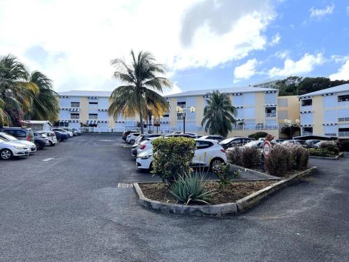 a parking lot with parked cars and palm trees at Appartement vue mer in Le Moule