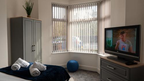 1 dormitorio con TV de pantalla plana y ventana en Reedley House en Nelson
