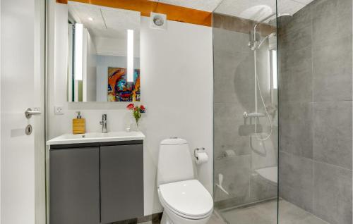 ein Bad mit einem WC, einem Waschbecken und einer Dusche in der Unterkunft Gorgeous Home In Gistrup With Sauna in Gistrup