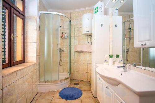 a bathroom with a shower and a sink and a mirror at House La Casa Simone in Jesenice