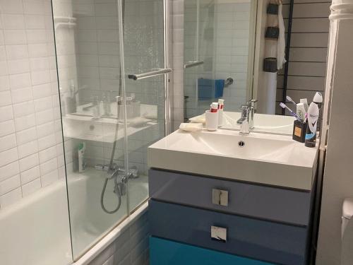 une salle de bain avec un lavabo et une douche dans l'établissement Charmant Duplex T2 avec Balcon et Terrasse, Résidence Les Pieds dans l'Eau, Arcachon - FR-1-420-126, à Arcachon