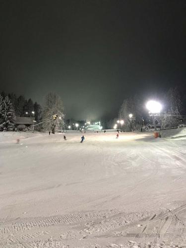 a group of people skiing in the snow at night at CHALUPA NAD POTOKEM in Zlaté Hory