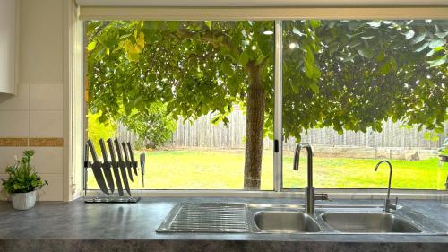 un fregadero de cocina con un árbol fuera de una ventana en Near Airport and Easy to Melbourne CBD by GoodLive en Sydenham