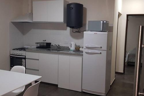 a kitchen with a white refrigerator and a microwave at Dpto Falucho in San Luis