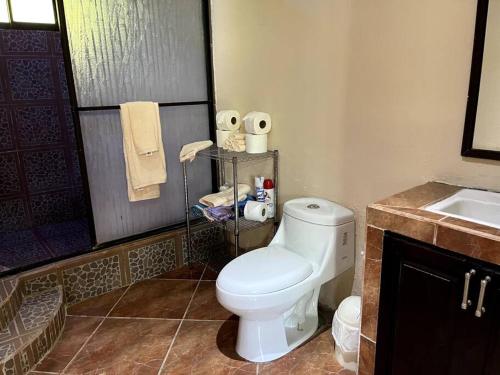 La salle de bains est pourvue de toilettes blanches et d'un lavabo. dans l'établissement Mountain Breeze Villa, 