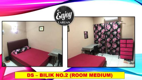 twee foto's van een kamer met een bed en een bureau bij GANGGARAK PERMAI 2 TINGKAT VVIP LABUAN in Labuan