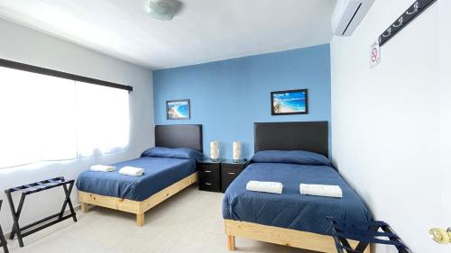 a bedroom with two beds and a blue wall at Habitacion Privada Ejecutiva Confortable Minisplit Amenidades 1 in Castillo Teresa