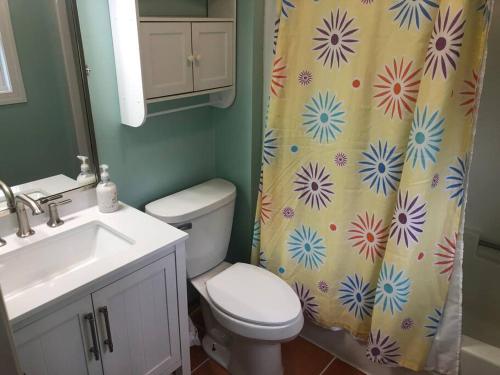 y baño con aseo y cortina de ducha. en Cozy Home in Central Morehead 5min from the Beach, en Morehead City