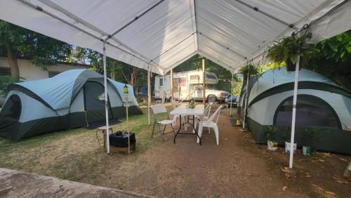 別克斯島的住宿－STAY IN VIEQUES FOR LESS CAMPSITE CASH-PAYPAL COZY FAMILY PLACE-HELP-COORDINATE VACATION 45-00 PLUS USD TAX RENT10FT TENT w QUEEN-BED 2 PILLOWS-LINENS - 5 MINUTES WALK BIOBAY STATIONS -RESTAURANTS ESPERANZA-SUNBAY-BEACHES 7-50 USD PRIVATE TRANSPORTATION，帐篷下配有桌椅