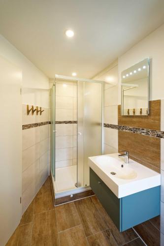 a bathroom with a sink and a shower at Ferienhaus am Gurkenradweg in Stennewitz