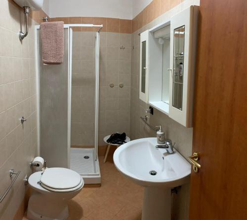 La salle de bains est pourvue d'un lavabo, de toilettes et d'une douche. dans l'établissement Confort home, à Rende