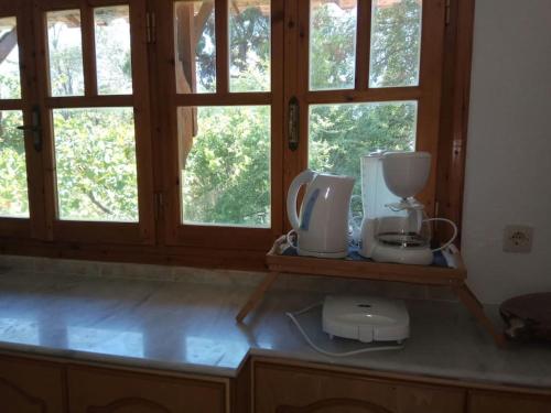 eine Küche mit zwei Fenstern und einer Theke mit einem Mixer in der Unterkunft Villa in Skiathos in Kechria