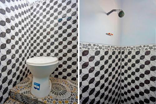 two pictures of a bathroom with a toilet and a shower at OYO 92416 Salsabila Homestay in Pasuruan