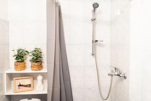 ein Bad mit Dusche und Duschvorhang in der Unterkunft Leola Center Apartment in Viljandi