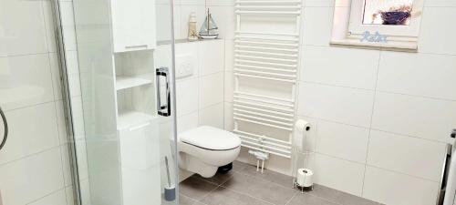 La salle de bains blanche est pourvue de toilettes et d'une douche en verre. dans l'établissement Modern Apartment Bedburg-Hau, à Hau