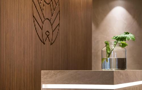 a plant in a glass vase sitting on a shelf at AKASHA Beach Hotel & Spa in Hersonissos