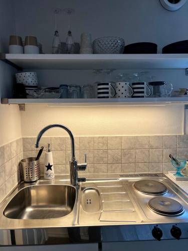 a kitchen counter with a sink and a stove at Solhaga Kullahalvön in Jonstorp