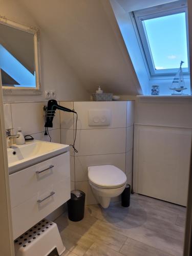 baño con aseo y lavabo y ventana en Ferienwohnung Prinzenpalais, en Schleswig