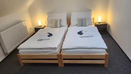 two twin beds in a small room with two lamps at Penzion-Dubno in Dubno