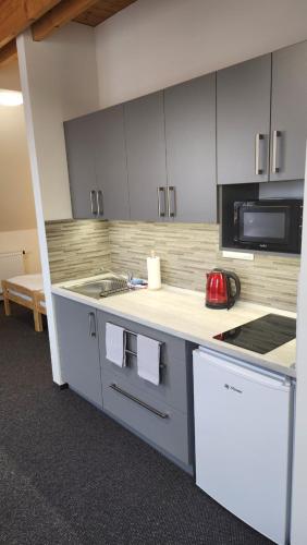 a kitchen with a counter with a sink and a microwave at Penzion-Dubno in Dubno