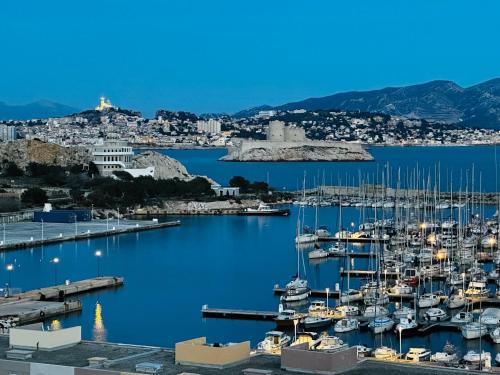 uma vista para um porto com barcos na água em la daurade du frioul , île du Frioul, marseille em Marselha