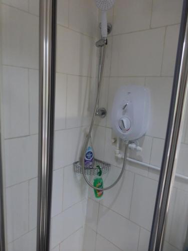 a shower with a shower head and a bottle of cleaner at self-contained private apartment in Barnet