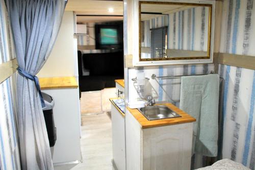y baño con lavabo y espejo. en Ndlovu Tiny Home Dinokeng, en Klipdrift