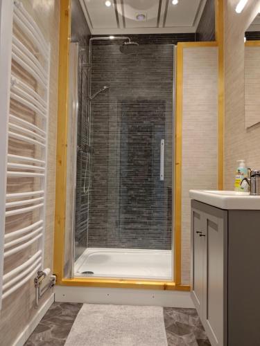 uma casa de banho com um chuveiro e uma porta de vidro em Perrongen Guesthouse em Munkfors