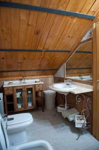 ein Badezimmer mit Toilette, Waschbecken und Holzdecke in der Unterkunft Casa Rural Entrepinos in Avila