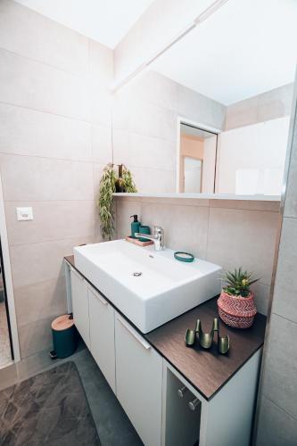 a bathroom with a white sink and a mirror at Central Apartment - culture & nightlife in one in Visp