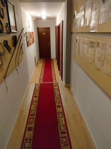 a hallway with a red carpet on the floor at Hotel Haegert in Neustrelitz