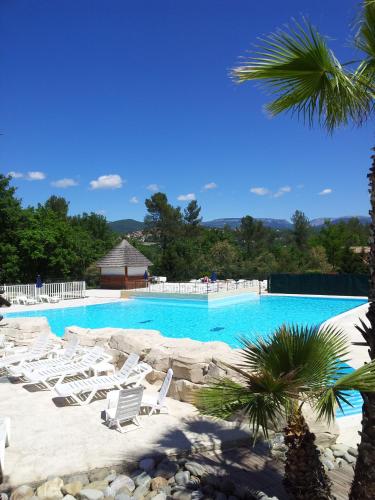 une grande piscine avec des chaises longues et des palmiers dans l'établissement La Rose des Claux, à Fayence