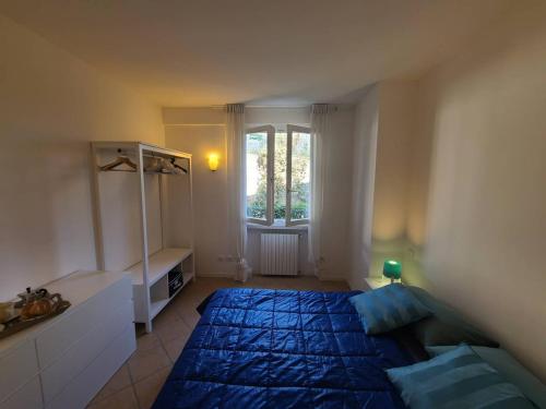 een slaapkamer met een blauw bed en een raam bij Sandra Apartment in Lonato
