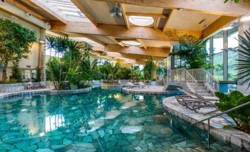 ein Pool in einem Gebäude mit Bäumen und Pflanzen in der Unterkunft Terhills Resort by Center Parcs in Dilsen-Stokkem