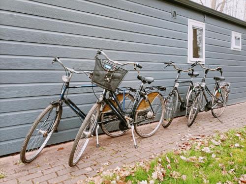 drei Fahrräder stehen neben einem Gebäude geparkt in der Unterkunft 4p chalet TOLVE met 4 fietsen vlakbij natuurgebieden Drents Friese Wold, Fochteloërveen en gevangenisdorp Veenhuizen in Oosterwolde