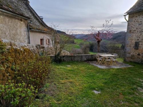 einen Garten mit einem Tisch und Stühlen im Hof in der Unterkunft Chambre indépendante - style studio - avec jardin à la campagne in Junhac