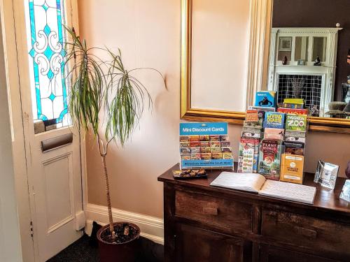 een tafel met boeken en een potplant erop bij Kingsholm Guest House in Torquay