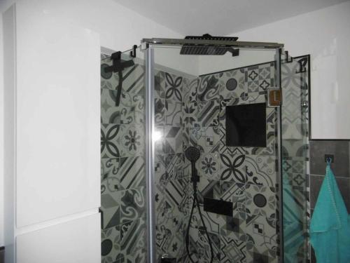 a shower in a bathroom with a shower curtain at Mühlenwörth Relax Quartier in Tauberbischofsheim