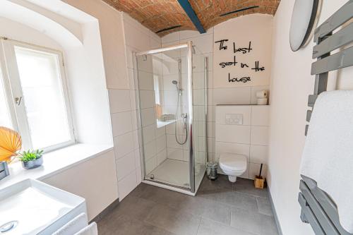 a bathroom with a shower and a toilet at Pension zur Postmeile in Bad Belzig