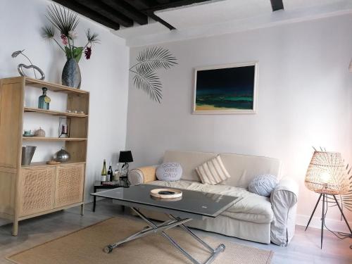 ein Wohnzimmer mit einem Sofa und einem Tisch in der Unterkunft Appartement St Martin in Paris