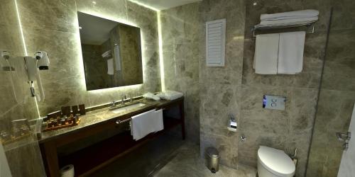 a bathroom with a sink and a toilet and a mirror at Montania Special Class Hotel in Mudanya