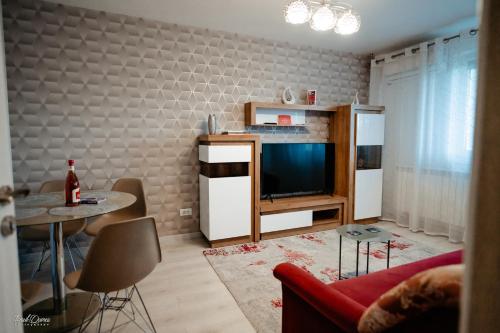 uma sala de estar com um sofá e uma televisão em Carla's Apart Palas-Hala Centrala 1 Bedroom, airport shuttle em Iaşi