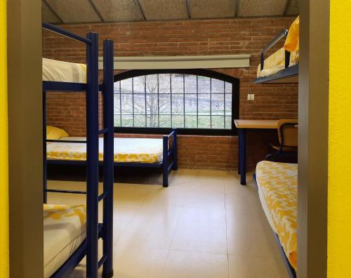 サン・ホアン・デ・レ・アバデセスにあるAlberg Sant Joan de les Abadesses Xanascatの二段ベッド2台と窓が備わる客室です。