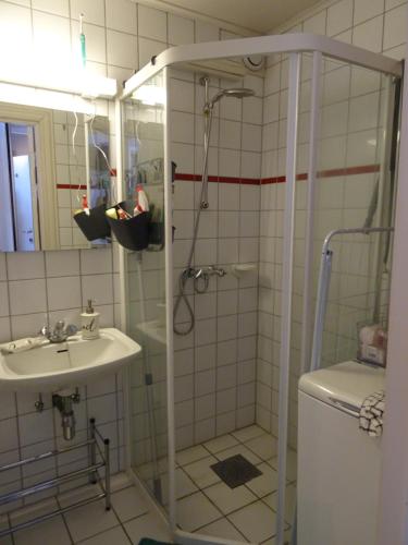 a bathroom with a shower and a sink at Actif 106 - Hallingheim apartment ski inn/ski ut in Al