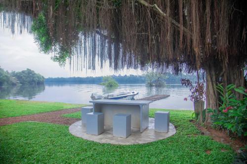 a picnic table under a tree next to a lake at Bentota River Villa in Bentota