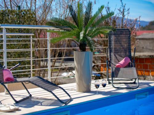 two chairs and a palm tree in a vase next to a pool at Villa Lemily in Matulji