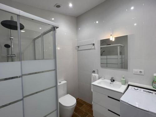 La salle de bains blanche est pourvue de toilettes et d'un lavabo. dans l'établissement Atico El Lagar de Labastida, à Labastida