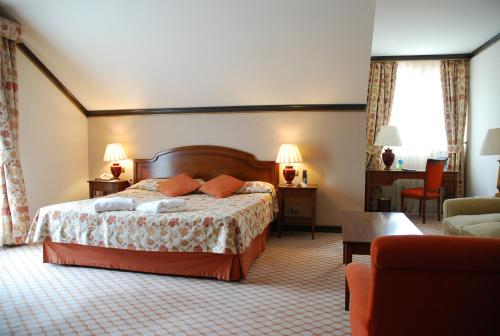 a hotel room with a bed and a living room at Gran Hotel Balneario De Puente Viesgo in Puente Viesgo